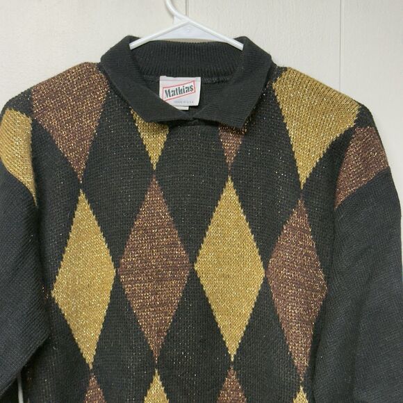 Vtg Mathias Metallic Collared Diamond Argyle Pattern Sweater USA Made Women M - Picture 2 of 11